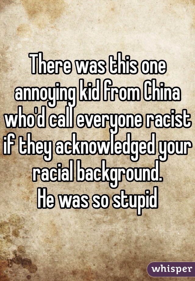 There was this one annoying kid from China who'd call everyone racist if they acknowledged your racial background. 
He was so stupid 