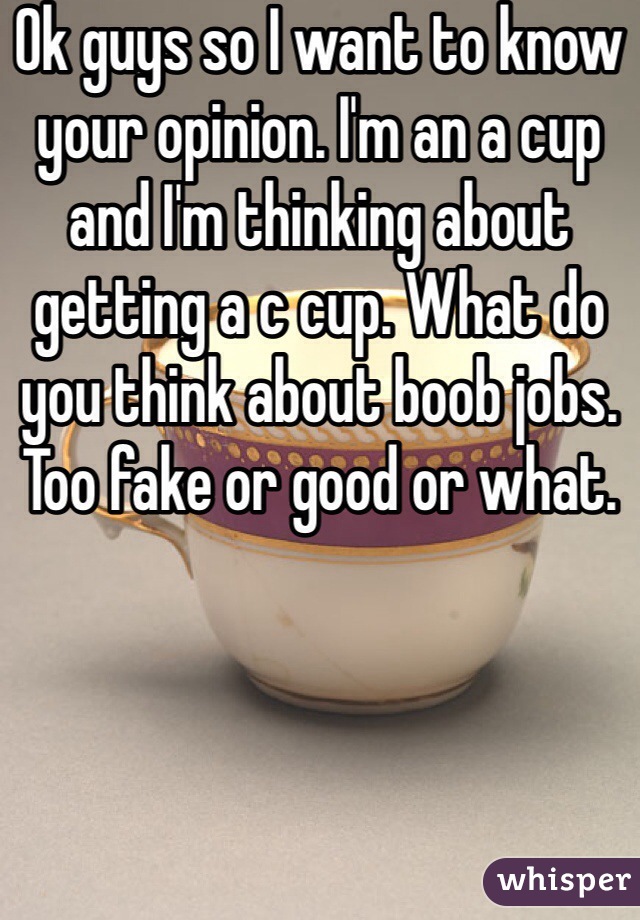 Ok guys so I want to know your opinion. I'm an a cup and I'm thinking about getting a c cup. What do you think about boob jobs. Too fake or good or what.  