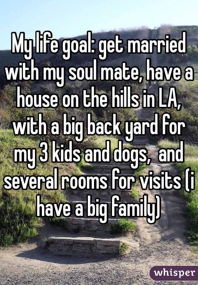 My life goal: get married with my soul mate, have a house on the hills in LA, with a big back yard for my 3 kids and dogs,  and several rooms for visits (i have a big family)