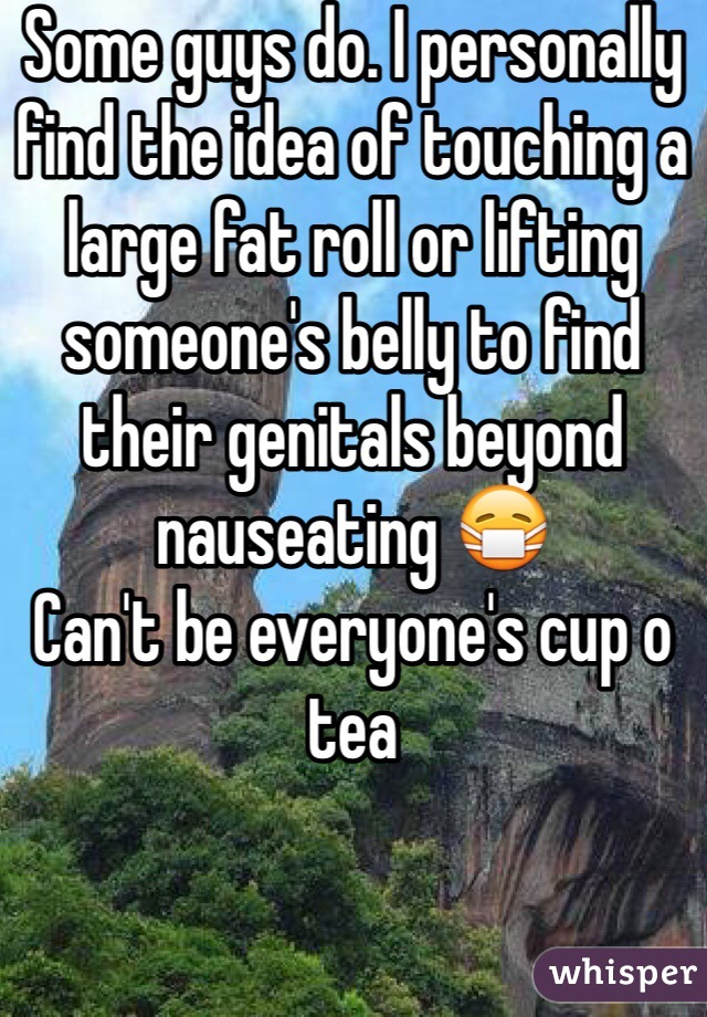 Some guys do. I personally find the idea of touching a large fat roll or lifting someone's belly to find their genitals beyond nauseating 😷
Can't be everyone's cup o tea