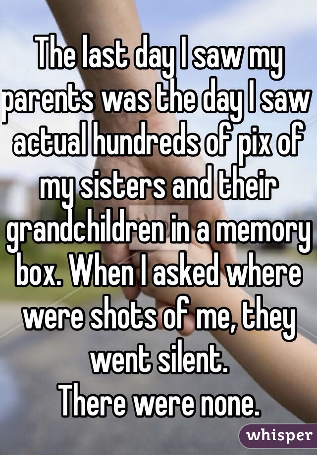 The last day I saw my parents was the day I saw actual hundreds of pix of my sisters and their grandchildren in a memory box. When I asked where were shots of me, they went silent. 
There were none. 