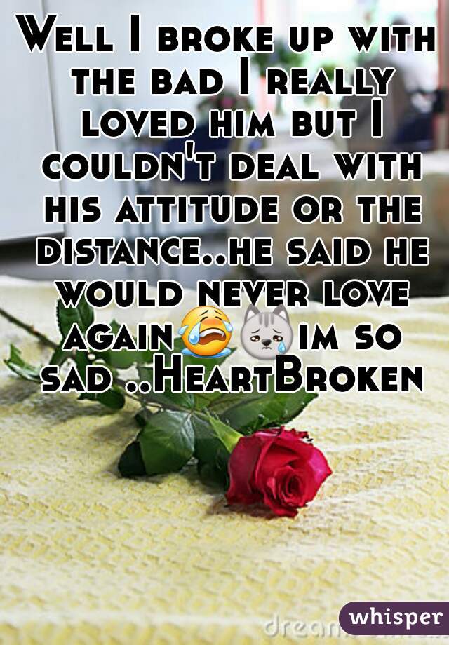 Well I broke up with the bad I really loved him but I couldn't deal with his attitude or the distance..he said he would never love again😭😿im so sad ..HeartBroken