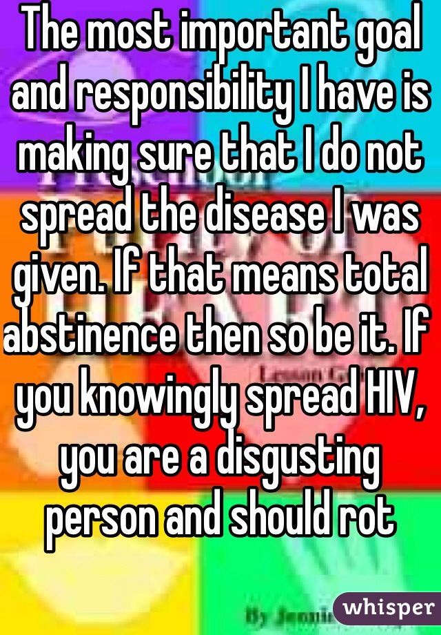 The most important goal and responsibility I have is making sure that I do not spread the disease I was given. If that means total abstinence then so be it. If you knowingly spread HIV, you are a disgusting person and should rot
