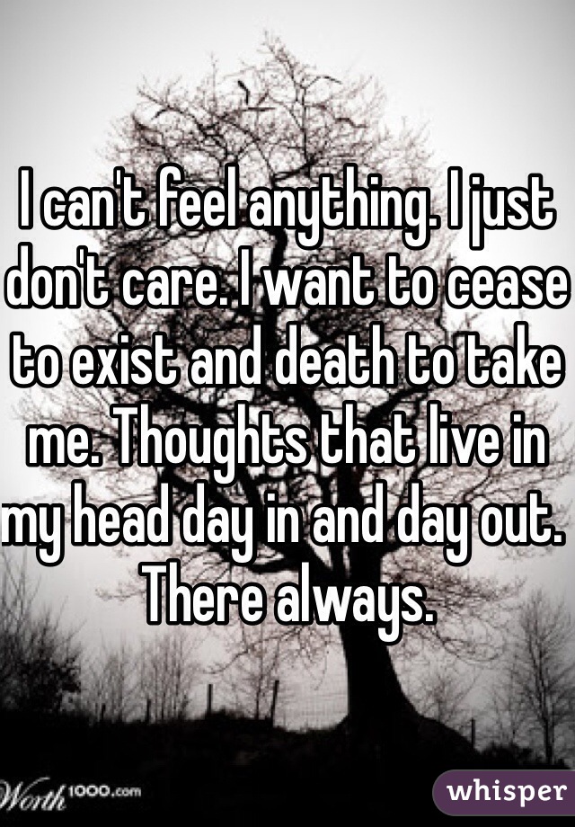 I can't feel anything. I just don't care. I want to cease to exist and death to take me. Thoughts that live in my head day in and day out.  There always. 