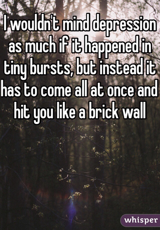 I wouldn't mind depression as much if it happened in tiny bursts, but instead it has to come all at once and hit you like a brick wall 