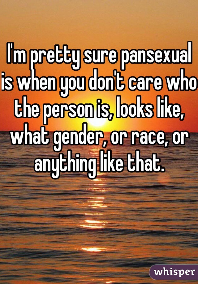 I'm pretty sure pansexual is when you don't care who the person is, looks like, what gender, or race, or anything like that.