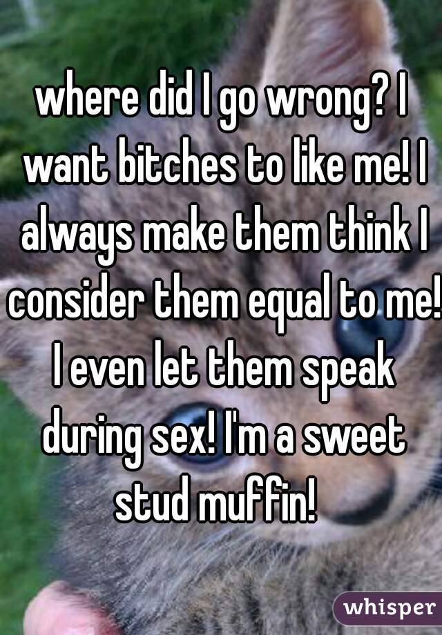 where did I go wrong? I want bitches to like me! I always make them think I consider them equal to me! I even let them speak during sex! I'm a sweet stud muffin!  