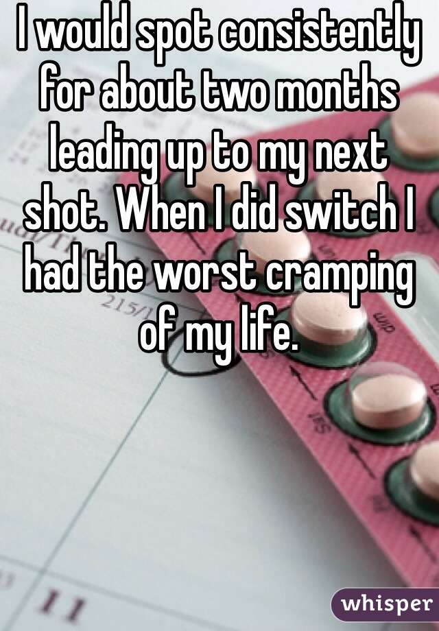 I would spot consistently for about two months leading up to my next shot. When I did switch I had the worst cramping of my life.  