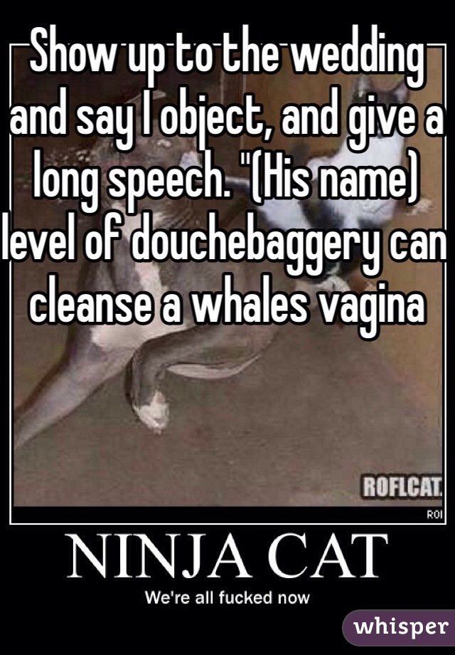 Show up to the wedding and say I object, and give a long speech. "(His name) level of douchebaggery can cleanse a whales vagina 