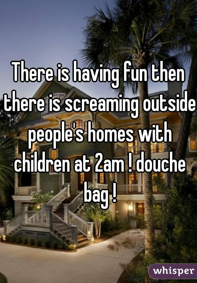 There is having fun then there is screaming outside people's homes with children at 2am ! douche bag !