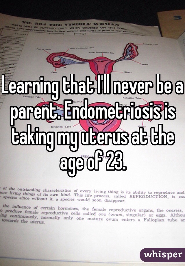 Learning that I'll never be a parent. Endometriosis is taking my uterus at the age of 23. 