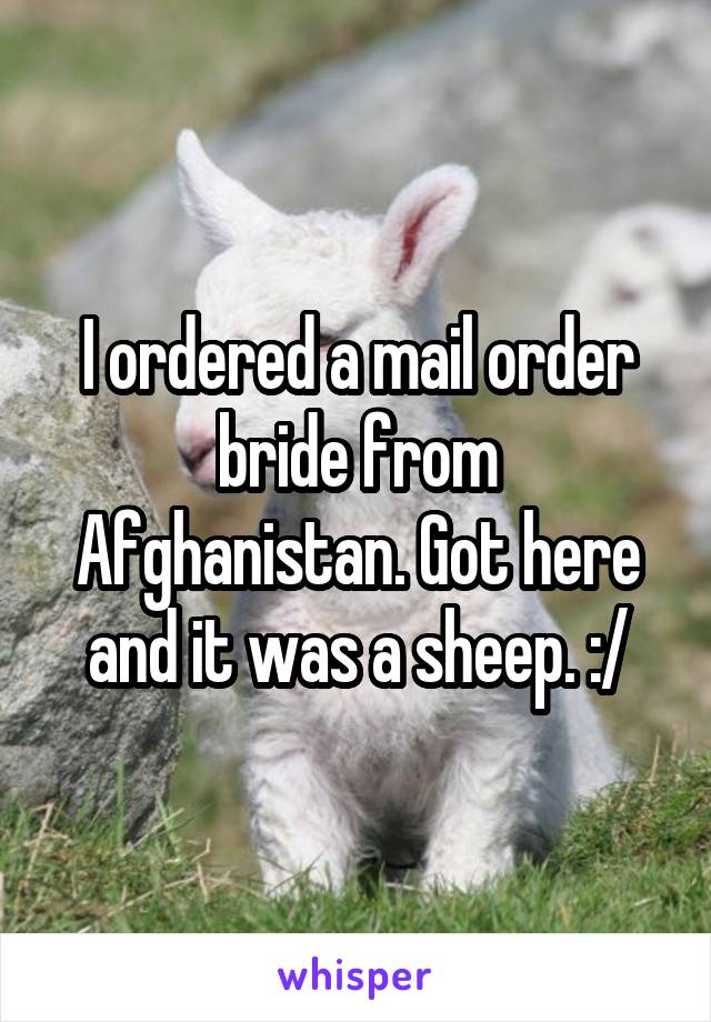 I ordered a mail order bride from Afghanistan. Got here and it was a sheep. :/