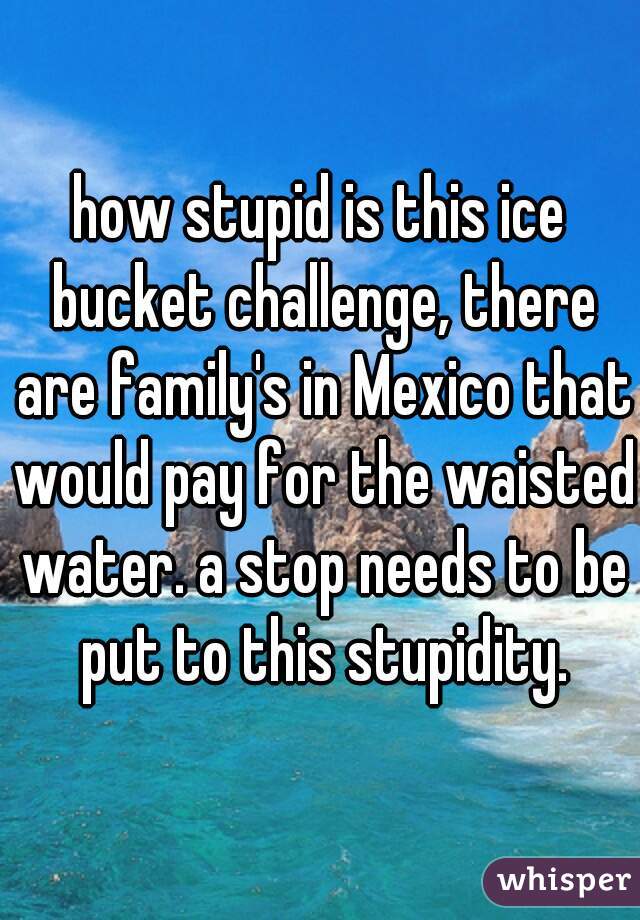 how stupid is this ice bucket challenge, there are family's in Mexico that would pay for the waisted water. a stop needs to be put to this stupidity.