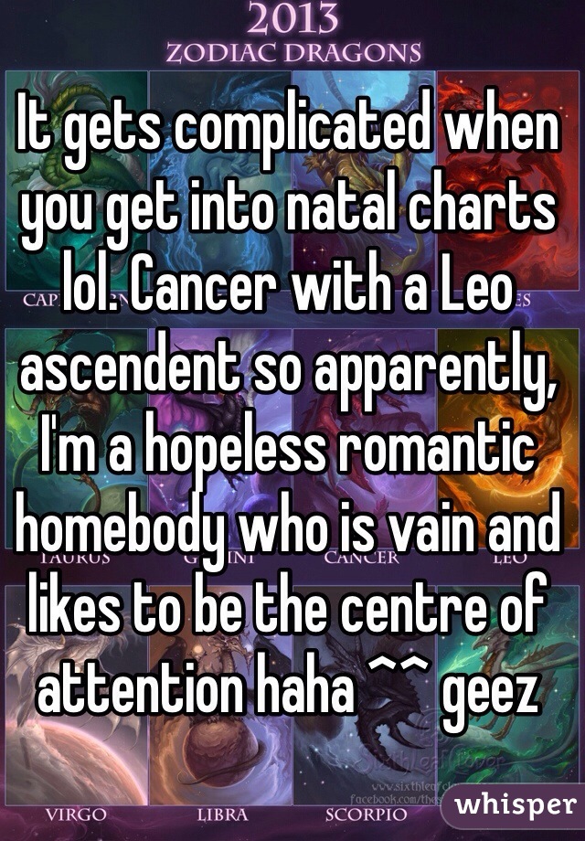 It gets complicated when you get into natal charts lol. Cancer with a Leo ascendent so apparently, I'm a hopeless romantic homebody who is vain and likes to be the centre of attention haha ^^ geez