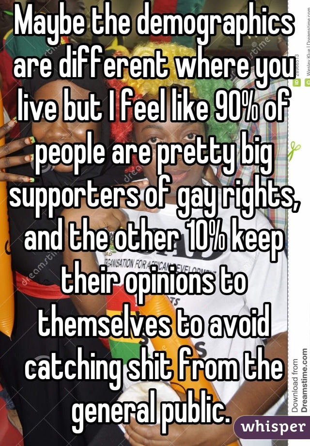 Maybe the demographics are different where you live but I feel like 90% of people are pretty big supporters of gay rights, and the other 10% keep their opinions to themselves to avoid catching shit from the general public. 