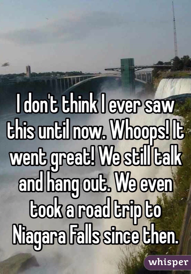 I don't think I ever saw this until now. Whoops! It went great! We still talk and hang out. We even took a road trip to Niagara Falls since then.