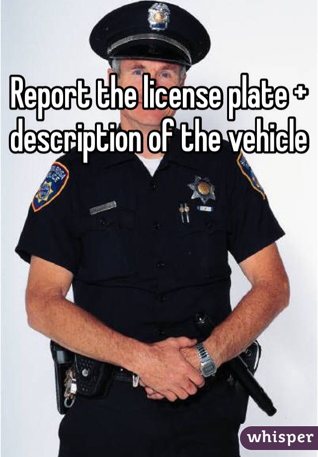 Report the license plate + description of the vehicle