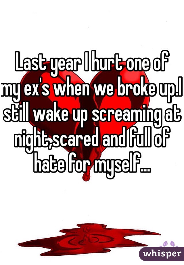 Last year I hurt one of 
my ex's when we broke up.I still wake up screaming at night,scared and full of hate for myself...