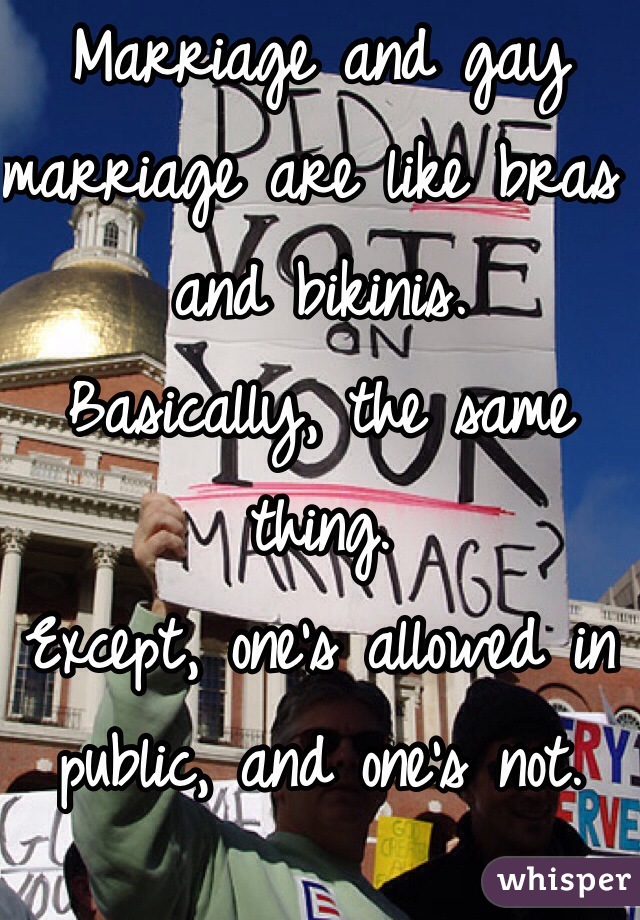 Marriage and gay marriage are like bras and bikinis.
Basically, the same thing. 
Except, one's allowed in public, and one's not. 