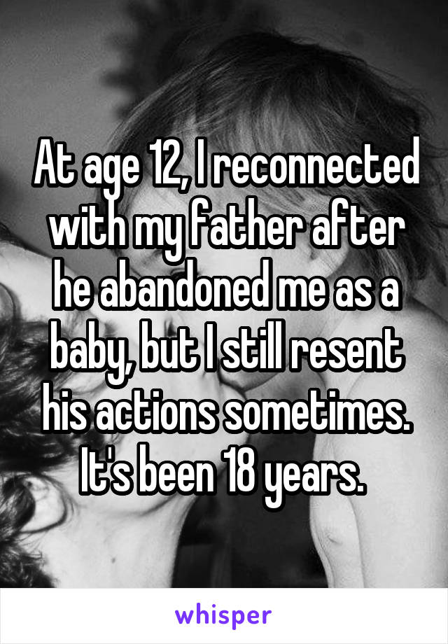 At age 12, I reconnected with my father after he abandoned me as a baby, but I still resent his actions sometimes. It's been 18 years. 