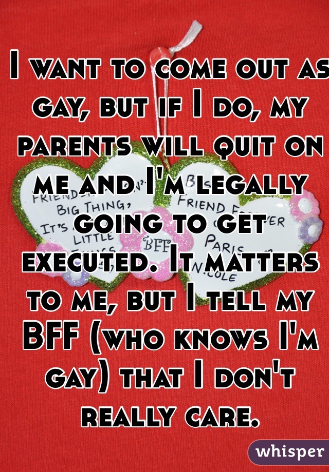 I want to come out as gay, but if I do, my parents will quit on me and I'm legally going to get executed. It matters to me, but I tell my BFF (who knows I'm gay) that I don't really care.