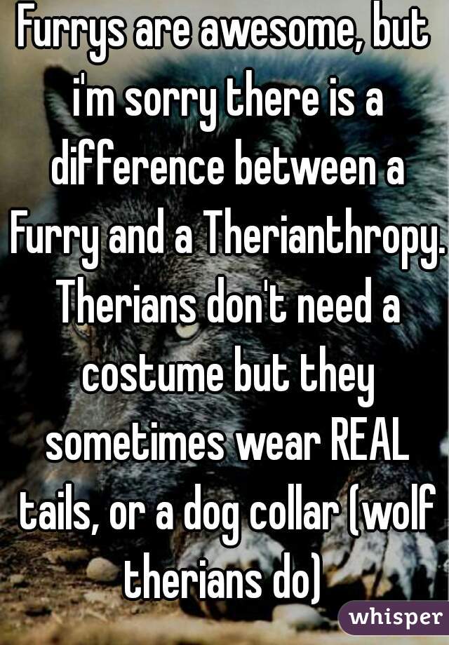 Furrys are awesome, but i'm sorry there is a difference between a Furry and a Therianthropy. Therians don't need a costume but they sometimes wear REAL tails, or a dog collar (wolf therians do) 