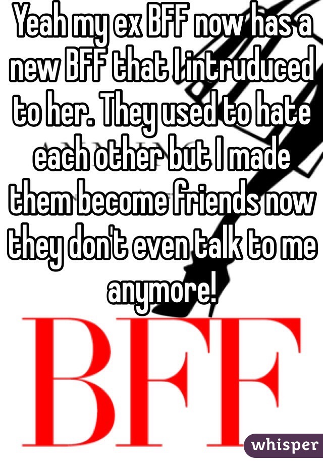 Yeah my ex BFF now has a new BFF that I intruduced to her. They used to hate each other but I made them become friends now they don't even talk to me anymore!