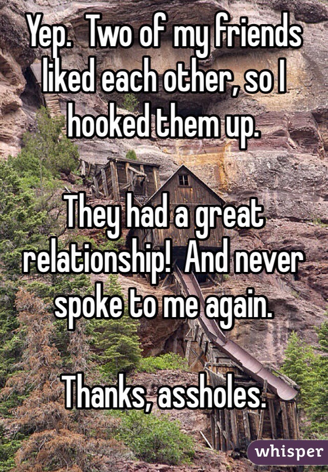 Yep.  Two of my friends liked each other, so I hooked them up.

They had a great relationship!  And never spoke to me again.

Thanks, assholes.