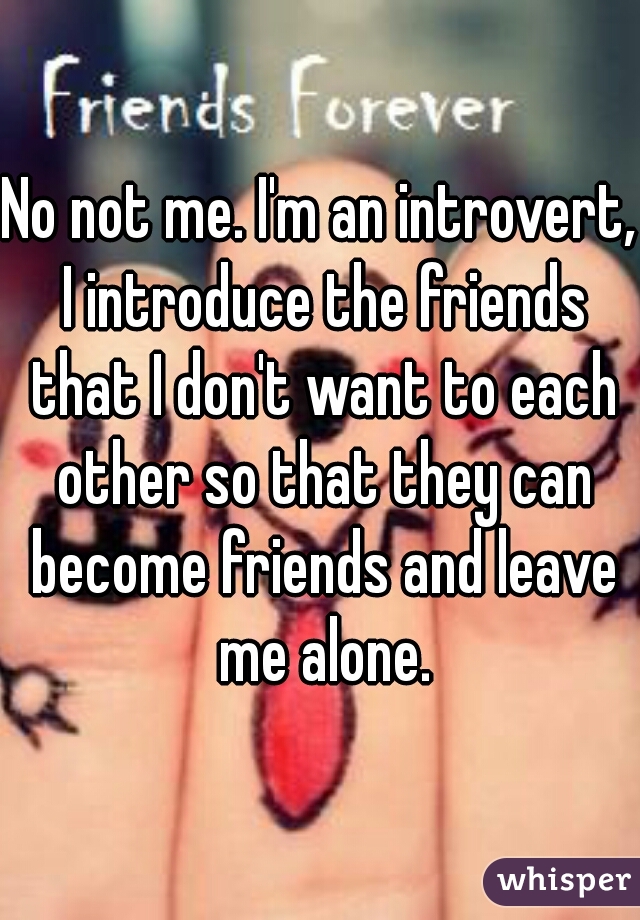 No not me. I'm an introvert, I introduce the friends that I don't want to each other so that they can become friends and leave me alone.