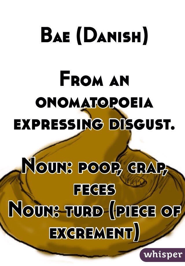 Bae (Danish)

From an onomatopoeia expressing disgust. 

Noun: poop, crap, feces
Noun: turd (piece of excrement)