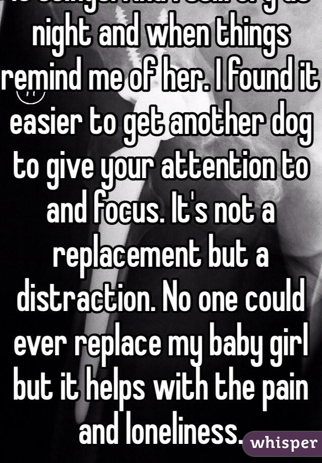 I just lost my dog after having her for eight years. It stings. And I still cry at night and when things remind me of her. I found it easier to get another dog to give your attention to and focus. It's not a replacement but a distraction. No one could ever replace my baby girl but it helps with the pain and loneliness. 