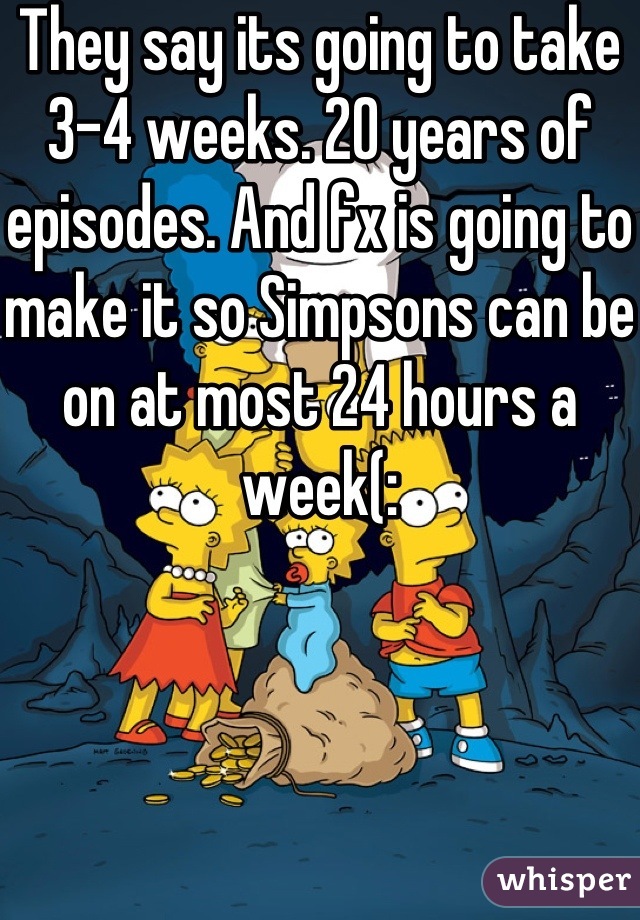 They say its going to take 3-4 weeks. 20 years of episodes. And fx is going to make it so Simpsons can be on at most 24 hours a week(: