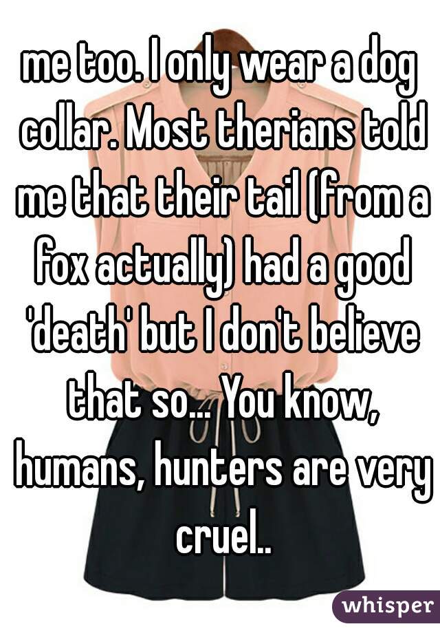 me too. I only wear a dog collar. Most therians told me that their tail (from a fox actually) had a good 'death' but I don't believe that so... You know, humans, hunters are very cruel..