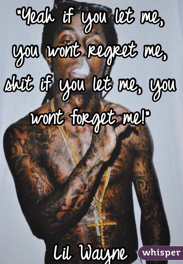 "Yeah if you let me, you wont regret me, shit if you let me, you wont forget me!"



Lil Wayne