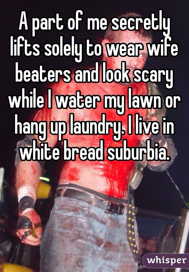 A part of me secretly lifts solely to wear wife beaters and look scary while I water my lawn or hang up laundry. I live in white bread suburbia. 