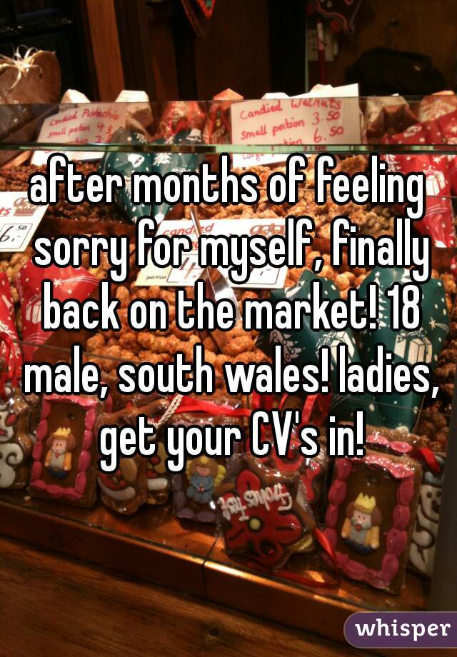 after months of feeling sorry for myself, finally back on the market! 18 male, south wales! ladies, get your CV's in!