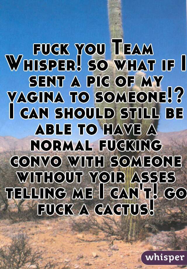 fuck you Team Whisper! so what if I sent a pic of my vagina to someone!? I can should still be able to have a normal fucking convo with someone without yoir asses telling me I can't! go fuck a cactus!