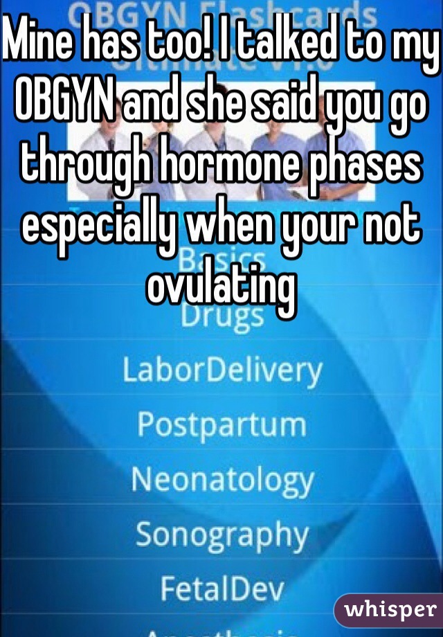 Mine has too! I talked to my OBGYN and she said you go through hormone phases especially when your not ovulating