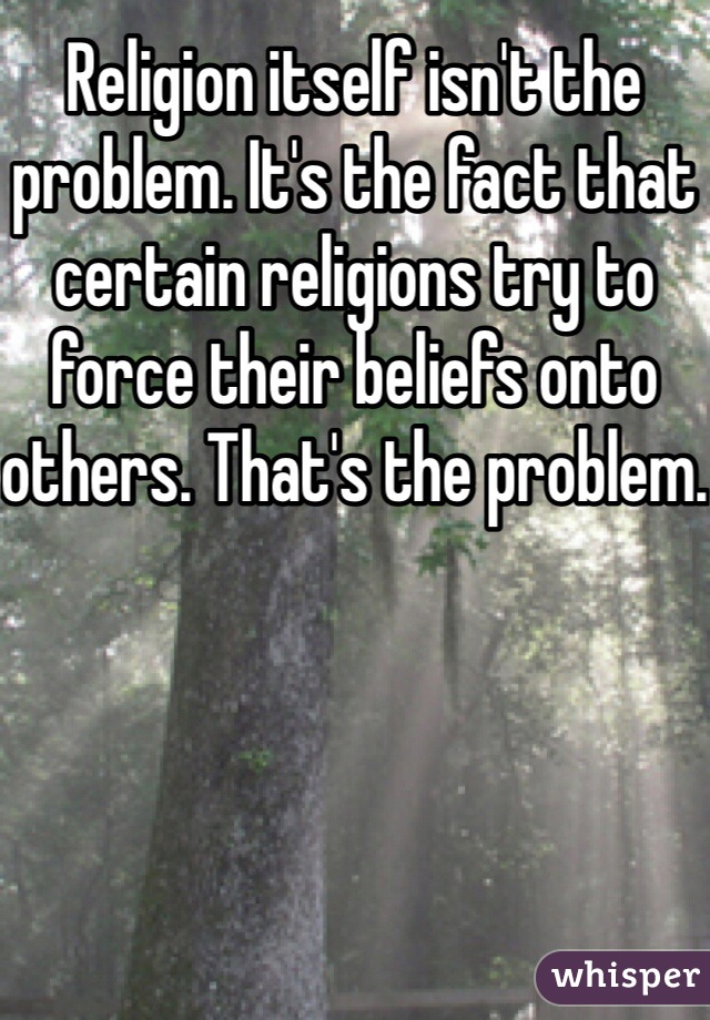 Religion itself isn't the problem. It's the fact that certain religions try to force their beliefs onto others. That's the problem.