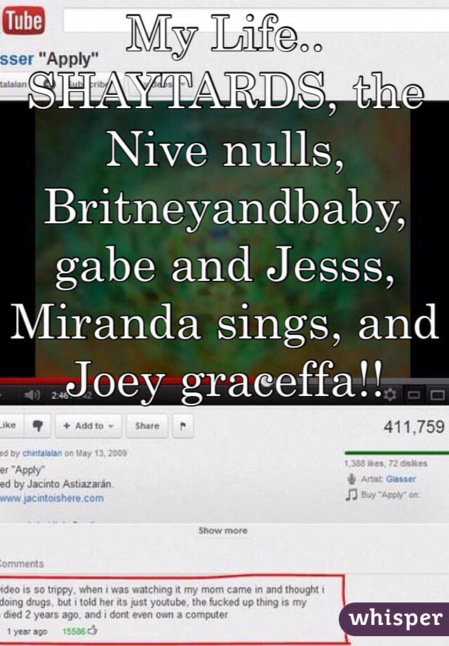 My Life..
SHAYTARDS, the Nive nulls, Britneyandbaby, gabe and Jesss, Miranda sings, and Joey graceffa!!