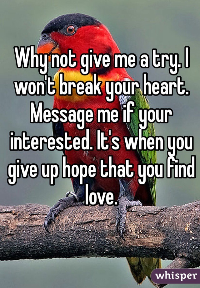 Why not give me a try. I won't break your heart. Message me if your interested. It's when you give up hope that you find love. 