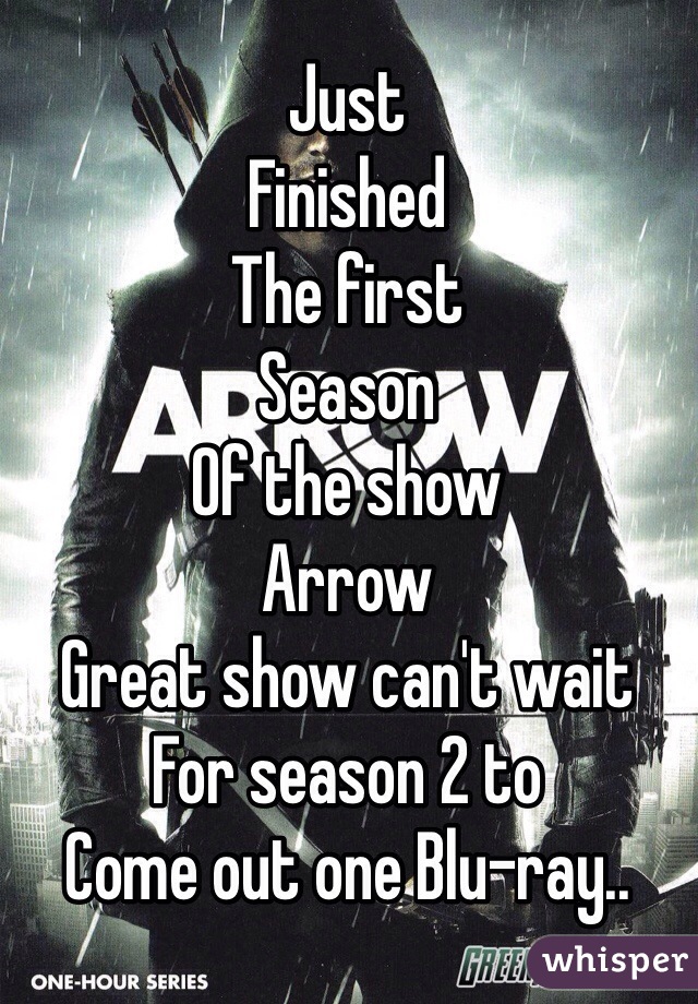 Just 
Finished 
The first
Season
Of the show
Arrow 
Great show can't wait 
For season 2 to 
Come out one Blu-ray..