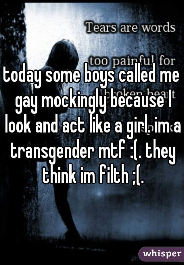 today some boys called me gay mockingly because I look and act like a girl. im a transgender mtf :(. they think im filth ;(.