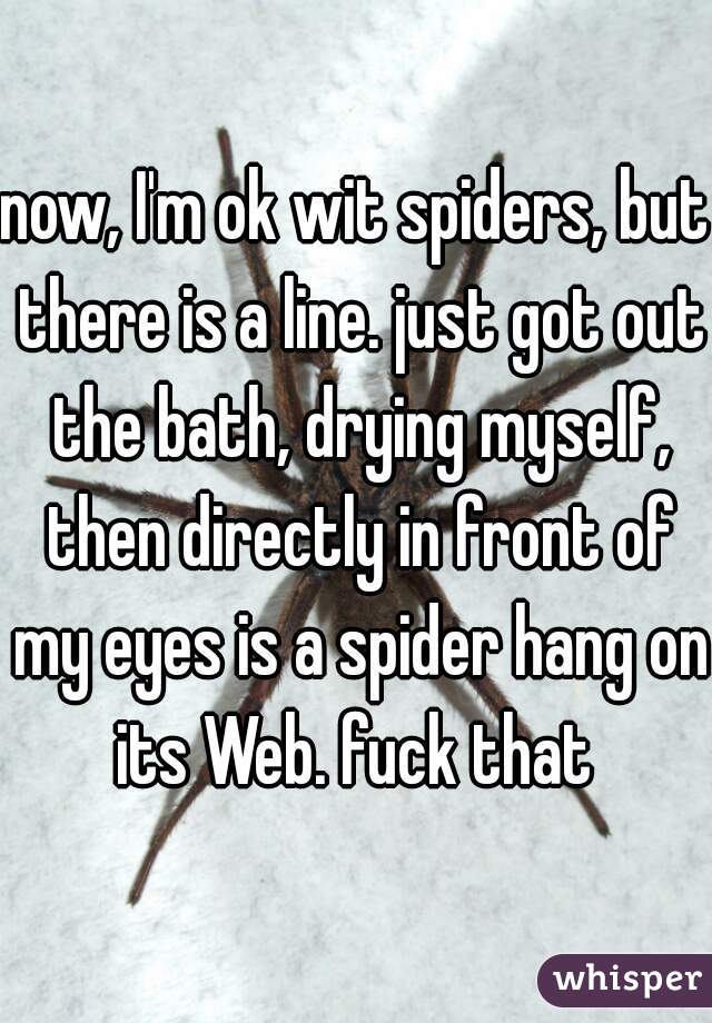 now, I'm ok wit spiders, but there is a line. just got out the bath, drying myself, then directly in front of my eyes is a spider hang on its Web. fuck that 