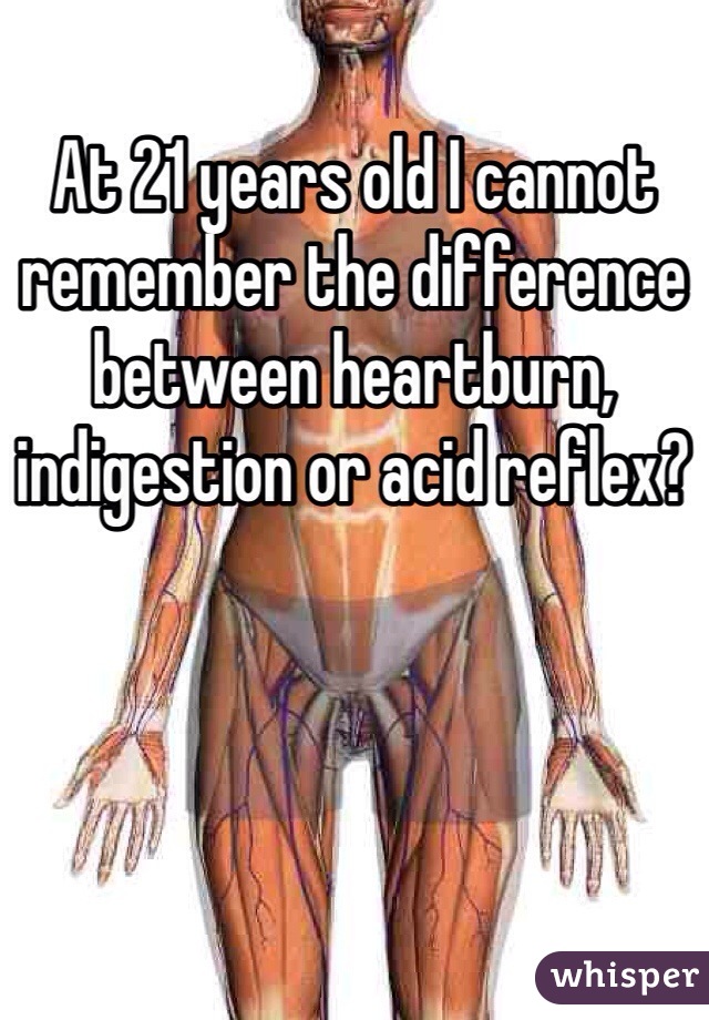 At 21 years old I cannot remember the difference between heartburn, indigestion or acid reflex?