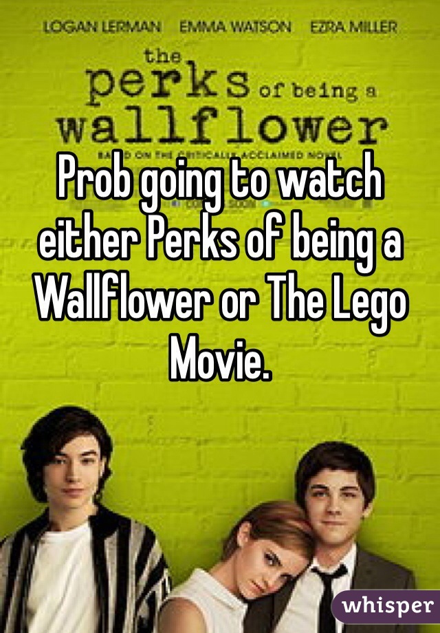 Prob going to watch either Perks of being a Wallflower or The Lego Movie. 