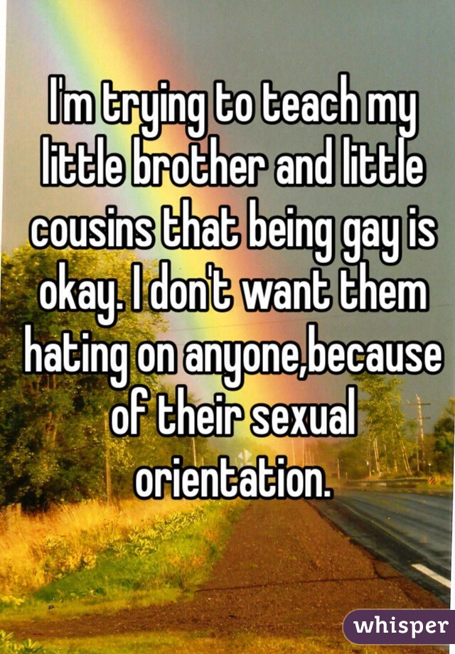 I'm trying to teach my little brother and little cousins that being gay is okay. I don't want them hating on anyone,because of their sexual orientation.