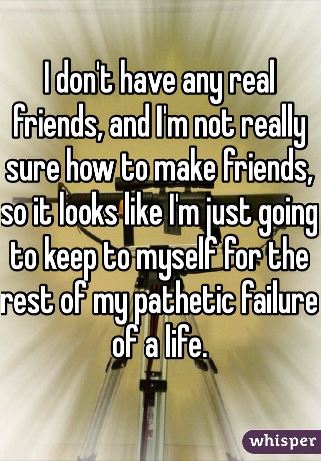 I don't have any real friends, and I'm not really sure how to make friends, so it looks like I'm just going to keep to myself for the rest of my pathetic failure of a life. 