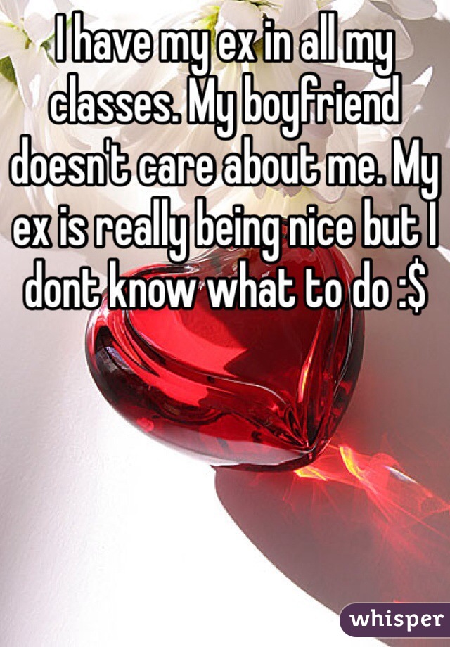 I have my ex in all my classes. My boyfriend doesn't care about me. My ex is really being nice but I dont know what to do :$