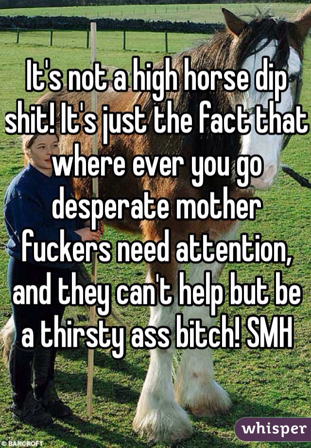 It's not a high horse dip shit! It's just the fact that where ever you go desperate mother fuckers need attention, and they can't help but be a thirsty ass bitch! SMH